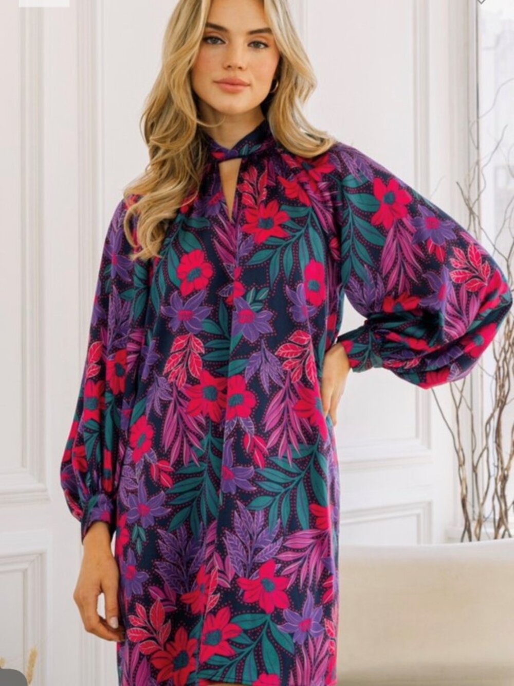 Oddi Plus Size Floral High Neck Knotted Collar Dress